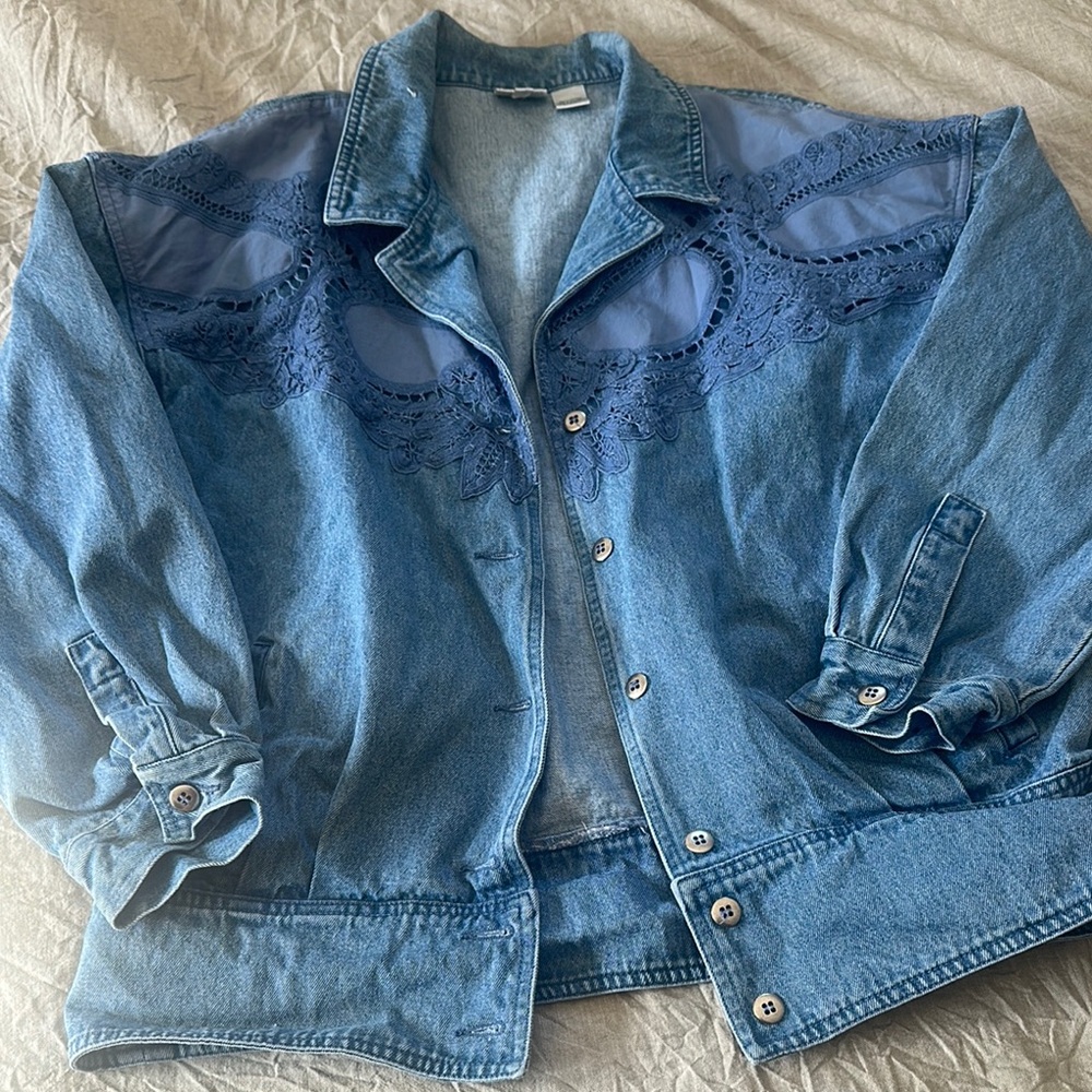 Vintage Blue Denim Jacket with Lace Embroidered Detail